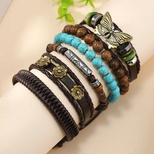 Bracelets ethniques en cuir et perles – Lot de 5 à 6 pièces – Style bohème et spirituel - bracelets cuir et pierres GoHappy