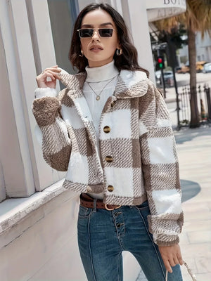 Manteau Court Teddy Femme Carreaux Chaud Automne Hiver Casual - manteau femme GoHappy