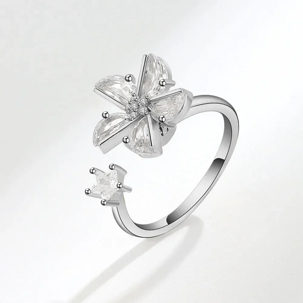 Bagues Spinner Rotatives Fleur Abeille en Cristal Argent Ajustables - bague femme GoHappy
