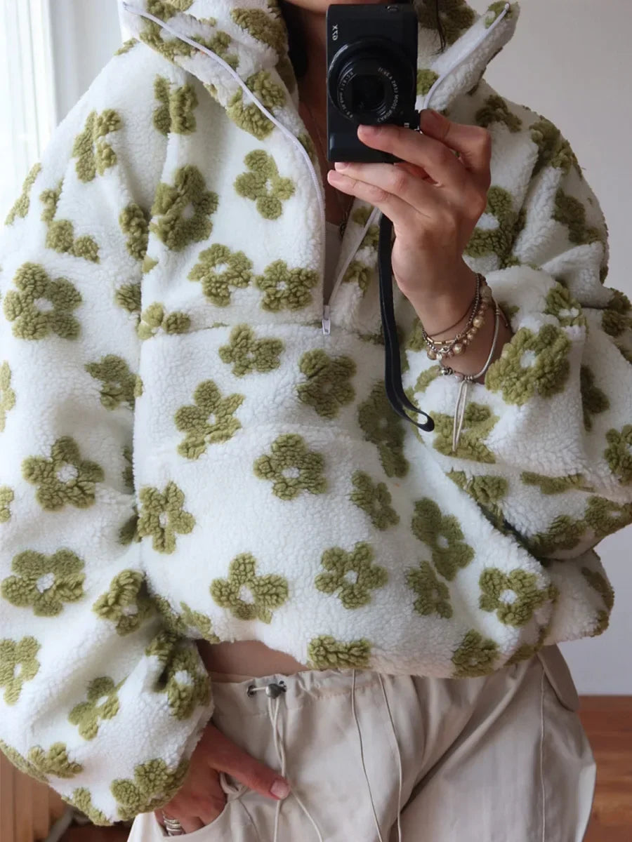 Pull Sweat Sherpa Fleurs Femme Doux Chaud Ample Style Cocooning - sweat-shirt GoHappy