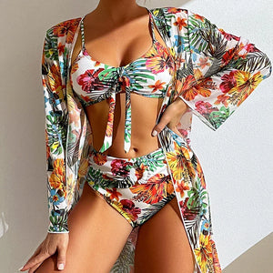 Maillot 3 pièces floral femme, taille haute, avec blouse légère - maillot de bain GoHappy