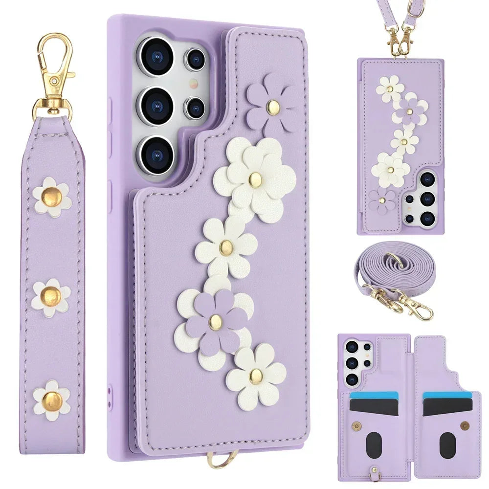 Coque Samsung portefeuille fleurie dragonne bandoulière - coques pour smartphone GoHappy