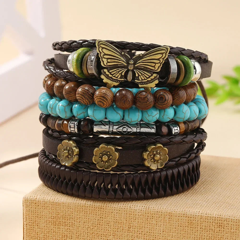 Bracelets ethniques en cuir et perles – Lot de 5 à 6 pièces – Style bohème et spirituel - bracelets cuir et pierres GoHappy