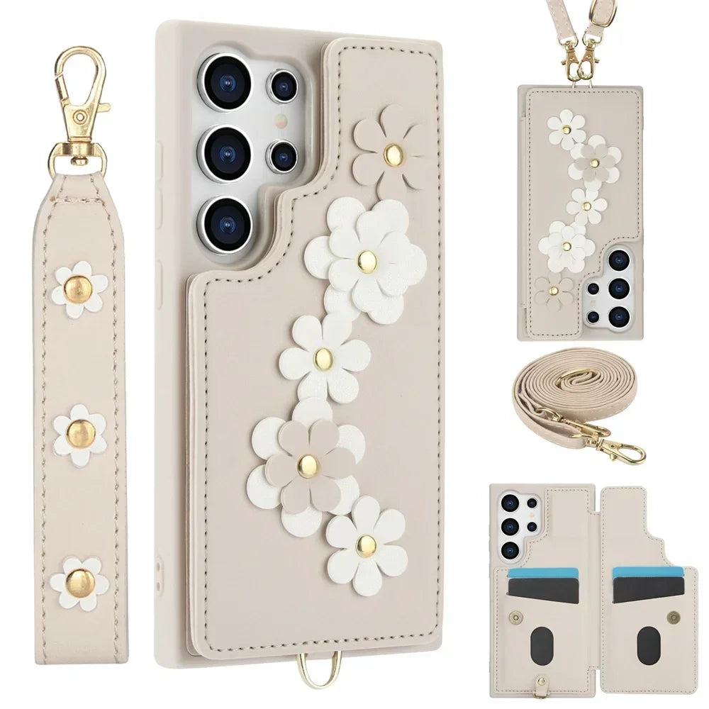 Coque Samsung portefeuille fleurie dragonne bandoulière - coques pour smartphone GoHappy