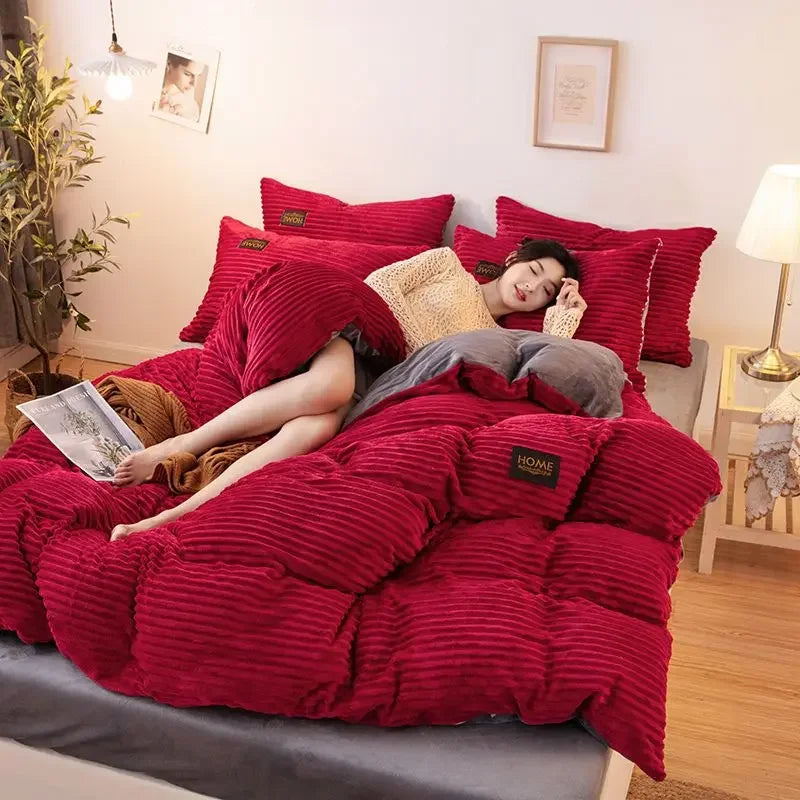 Parure Lit Velours 3 Pièces Housse Couette Taies Hiver