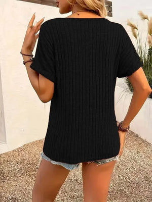 T-shirt Femme Côtelé Col V Boutons Manches Courtes Casual Chic - t-shirt femme GoHappy
