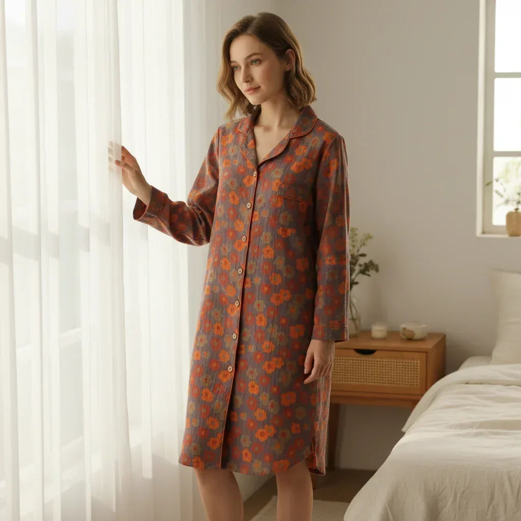 Chemise de Nuit Femme 100% Coton Floral Rétro Manches Longues - chemise de nuit GoHappy