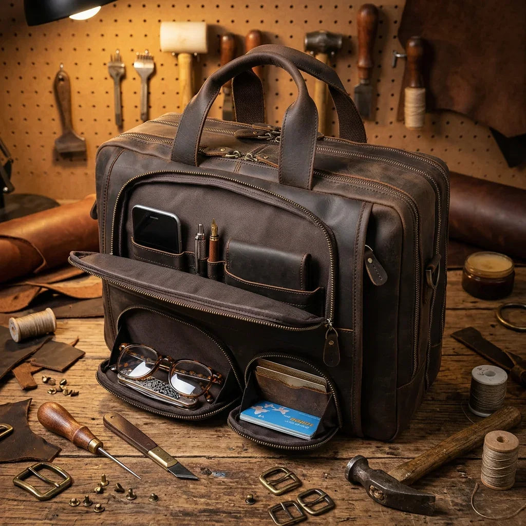 sacoche de travail en cuir marron vintage sacoche homme business élégante GoHappy.fr