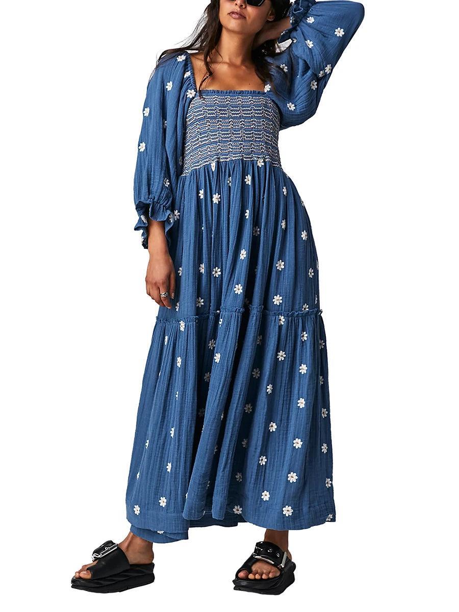 Robe Longue Bohème Trapèze à Volants et Fleurs Brodées - Robe GoHappy