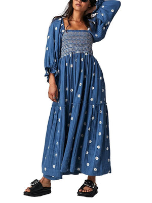 Robe Longue Bohème Trapèze à Volants et Fleurs Brodées - Robe GoHappy