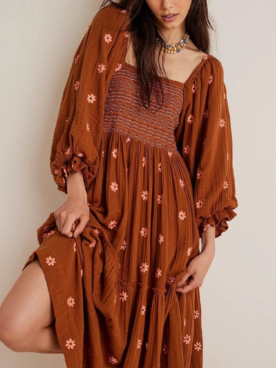 Robe Longue Bohème Trapèze à Volants et Fleurs Brodées - Robe GoHappy