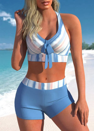 maillot de bain 2 pièces bleu blanc rayé nœud devant shorty plage GoHappy.fr