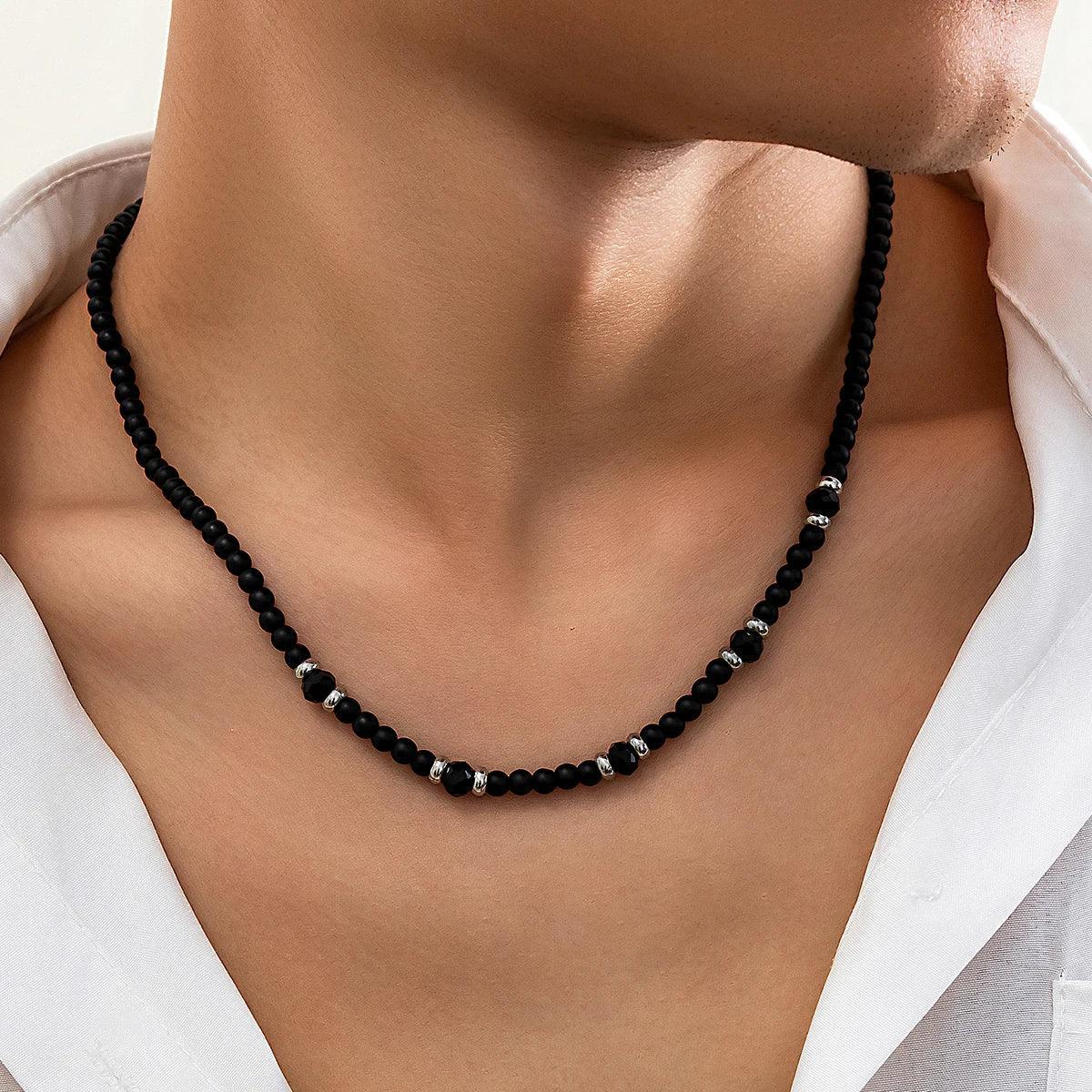 Collier en perles de cristal noir pour homme - Style ethnique - Bijou Collier GoHappy
