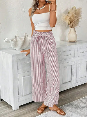 Pantalon Large Rayures Femme Taille Haute Fluide Bohème - pantalons larges GoHappy