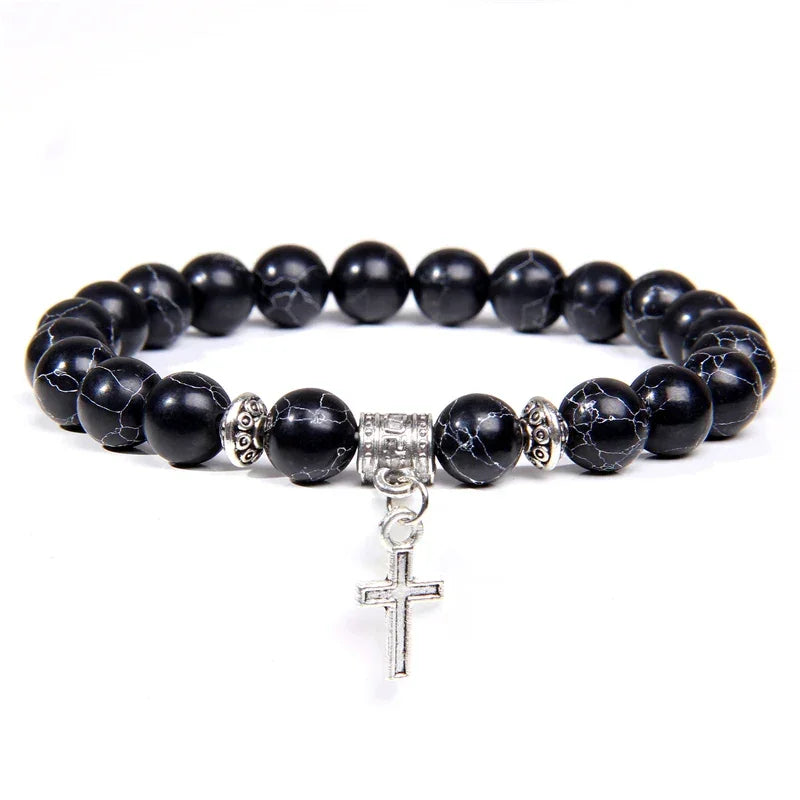 Bracelet Perles Croix Argent Pierre Naturelle Vertus Spirituel - Bracelets GoHappy