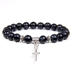 Bracelet Perles Croix Argent Pierre Naturelle Vertus Spirituel - Bracelets GoHappy
