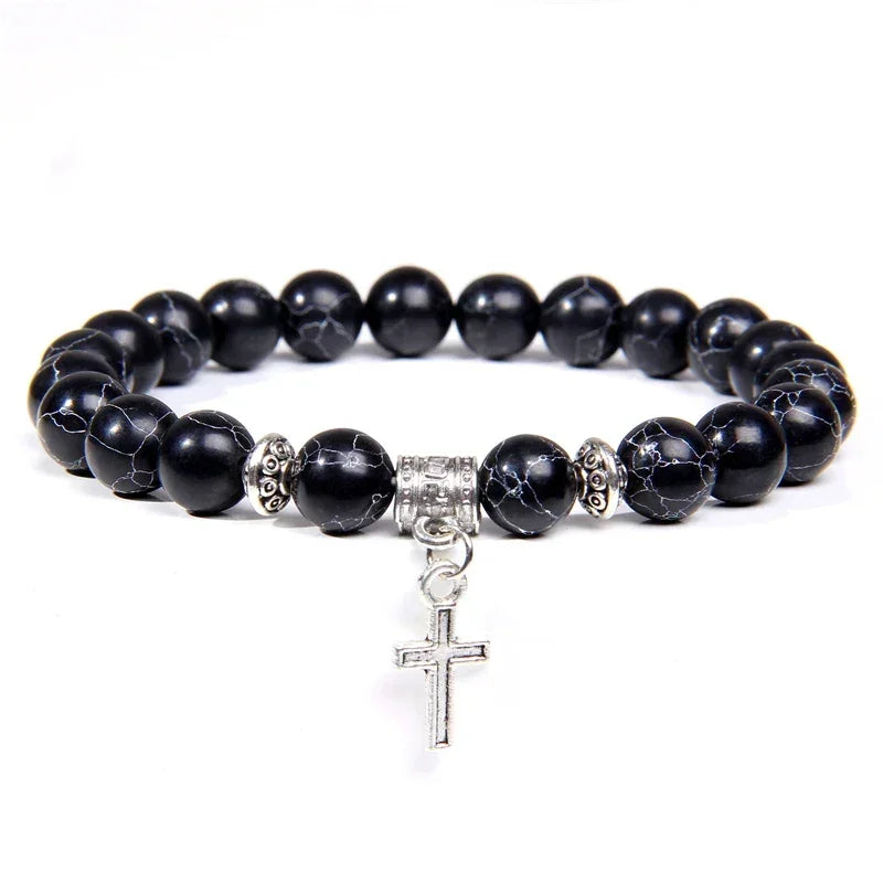 Bracelet Perles Croix Argent Pierre Naturelle Vertus Spirituel - Bracelets GoHappy