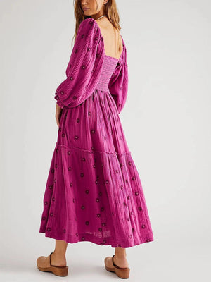 Robe Longue Bohème Trapèze à Volants et Fleurs Brodées - Robe GoHappy