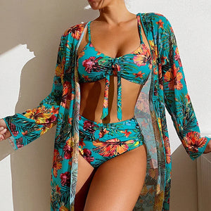 Maillot 3 pièces floral femme, taille haute, avec blouse légère - maillot de bain GoHappy