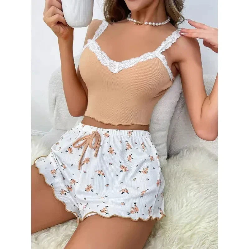 Pyjama deux pièces femme dentelle imprimé short confortable