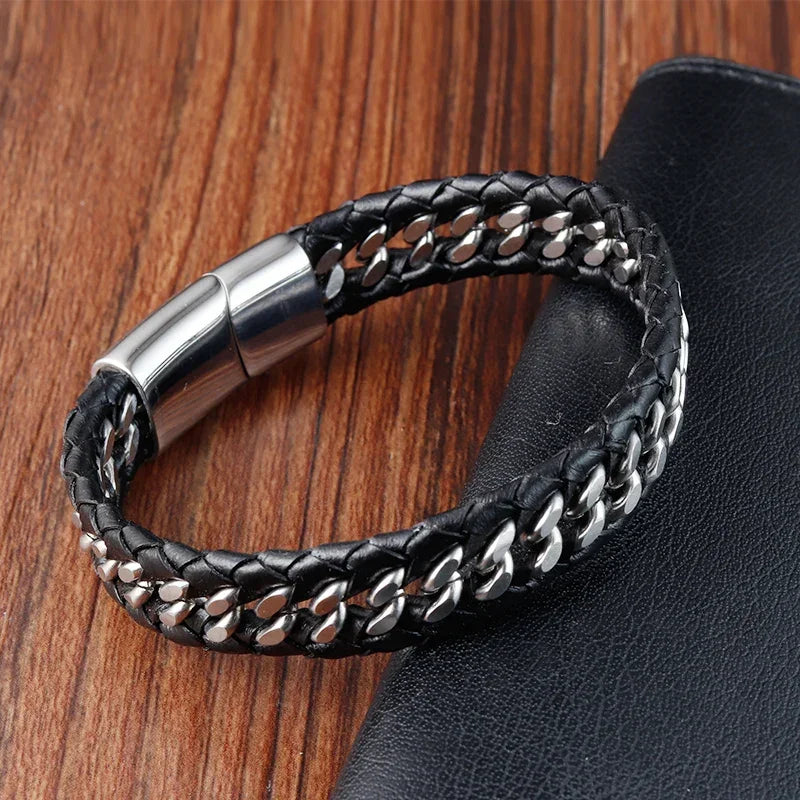 Iron Link bracelet cuir tressé acier inox