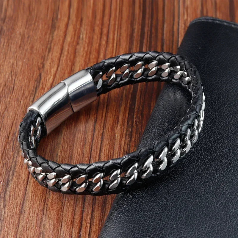 Iron Link bracelet cuir tressé acier inox