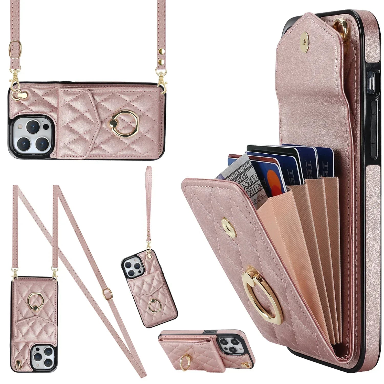 Coque Portefeuille Matelassée Bandoulière iPhone Apple 11 au 16 & plus - coque pour smartphone GoHappy