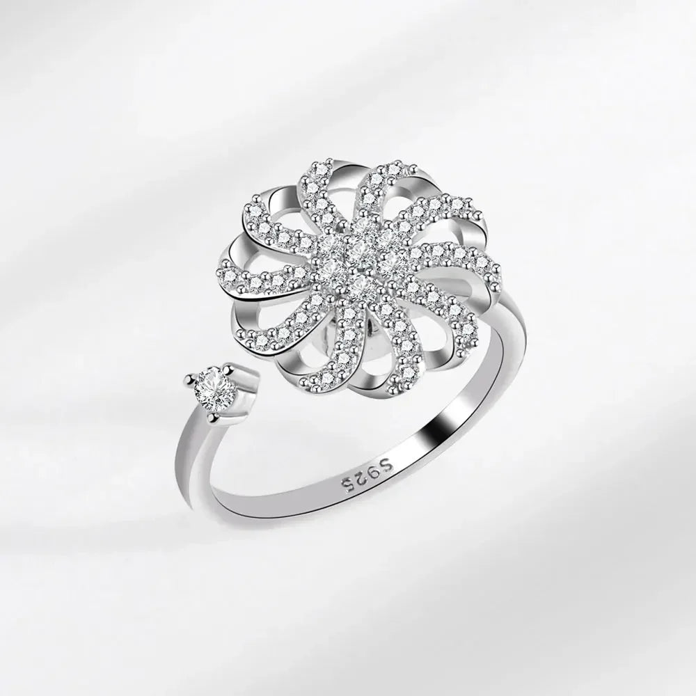 Bagues Spinner Rotatives Fleur Abeille en Cristal Argent Ajustables - bague femme GoHappy