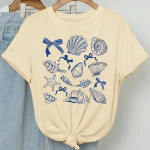 T-shirt Coquillages Noeuds Femme Marin Vintage Y2K Oversize Coton - T-Shirts GoHappy