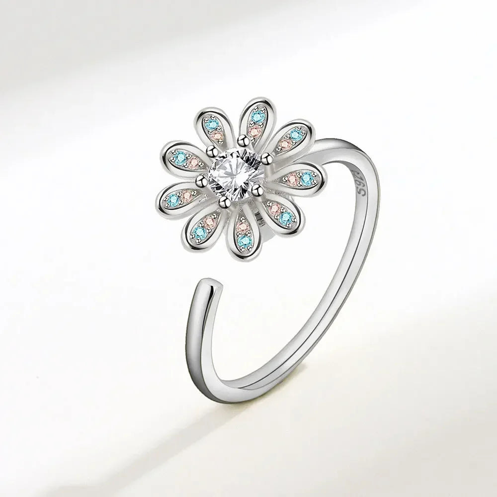 Bagues Spinner Rotatives Fleur Abeille en Cristal Argent Ajustables - bague femme GoHappy