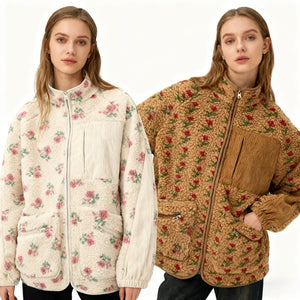 Veste Polaire Fleurie Femme Col Montant Zippée Épaisse Automne Hiver - Veste Polaire GoHappy