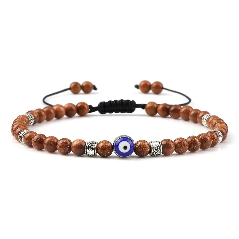 Bracelet Nazar Sable Cuivré argenté, perles fines et motif œil bleu | GoHappy France