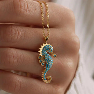 collier hippocampe doré turquoise pierres fines bijou tendance cadeau femme GoHappy.fr