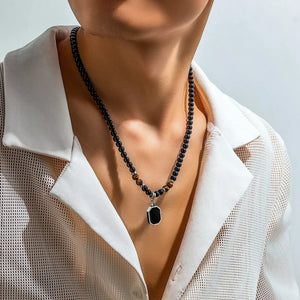 Collier Black Karma Perles Noires Pendentif Homme - collier homme GoHappy
