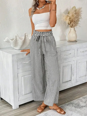 Pantalon Large Rayures Femme Taille Haute Fluide Bohème - pantalons larges GoHappy