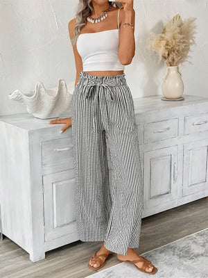 Pantalon Large Rayures Femme Taille Haute Fluide Bohème - pantalons larges GoHappy
