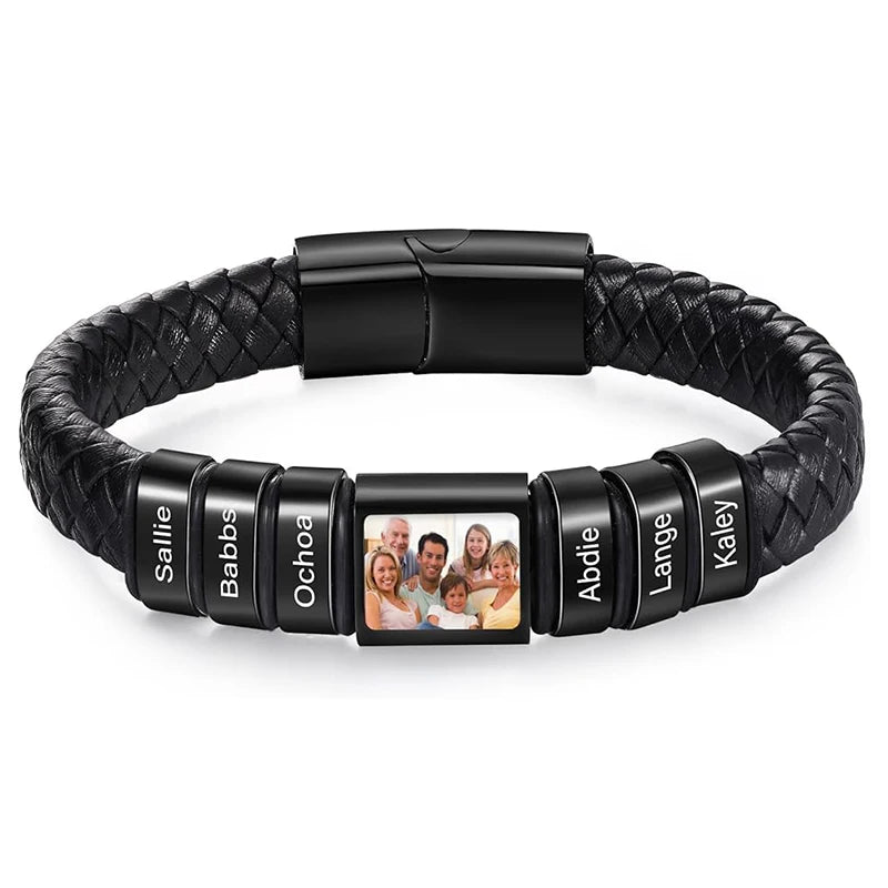 Bracelet en Cuir Homme Personnalisé Photo Famille Prénoms Gravés