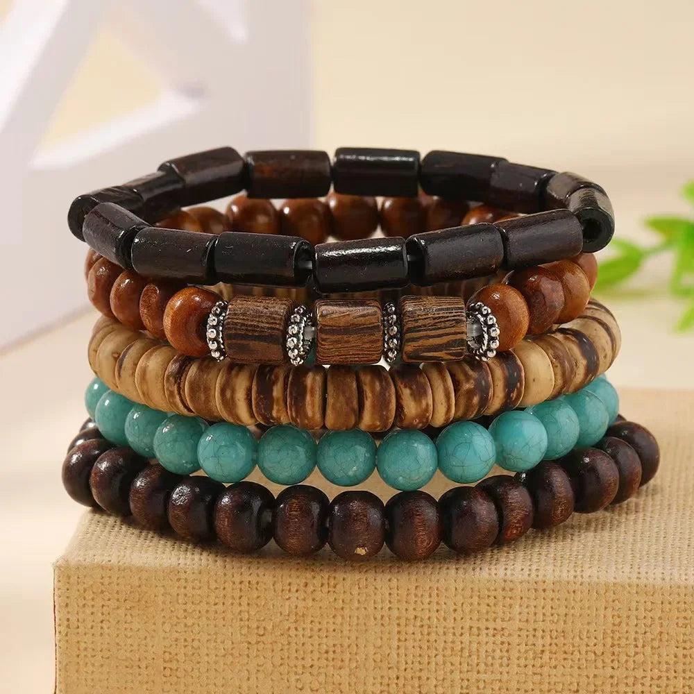 Bracelets Vintage en Cuir et Perles - Lot de 5 pièces - Style Ethnique et Aventurier