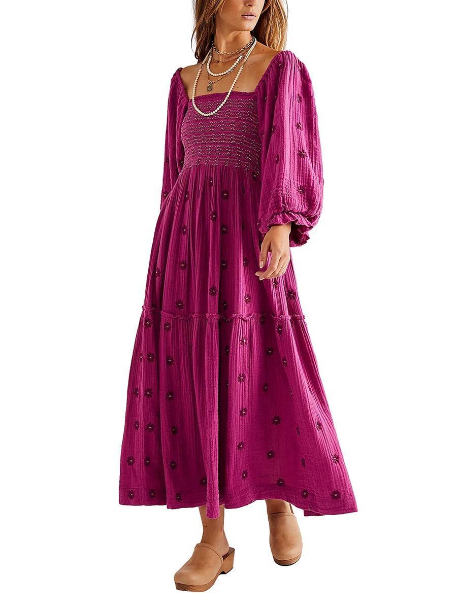 Robe Longue Bohème Trapèze à Volants et Fleurs Brodées - Robe GoHappy
