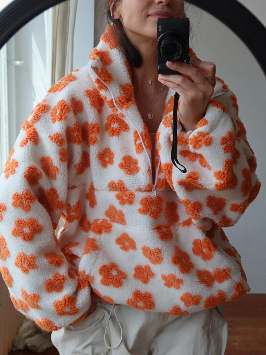Pull Sweat Sherpa Fleurs Femme Doux Chaud Ample Style Cocooning