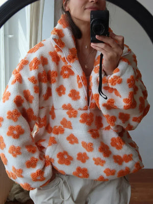 Pull Sweat Sherpa Fleurs Femme Doux Chaud Ample Style Cocooning - sweat-shirt GoHappy