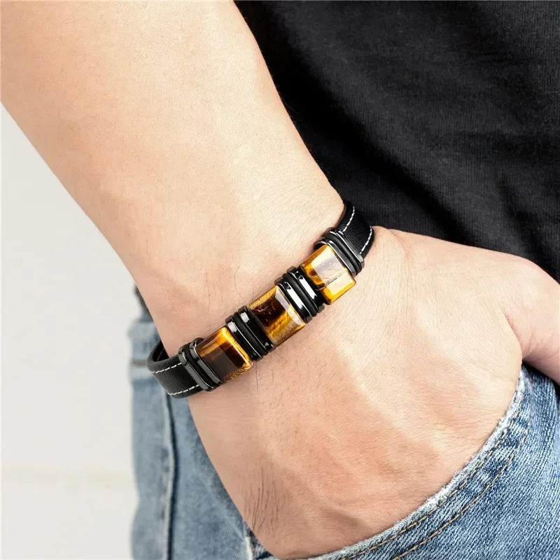 Totem Vital bracelet cuir œil de tigre acier - bracelet homme GoHappy