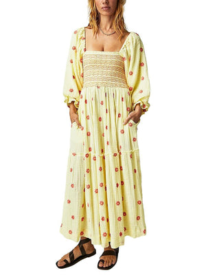 Robe Longue Bohème Trapèze à Volants et Fleurs Brodées - Robe GoHappy