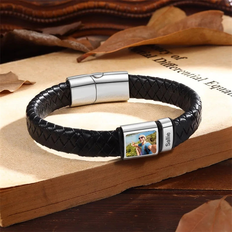 Bracelet en Cuir Homme Personnalisé Photo Famille Prénoms Gravés