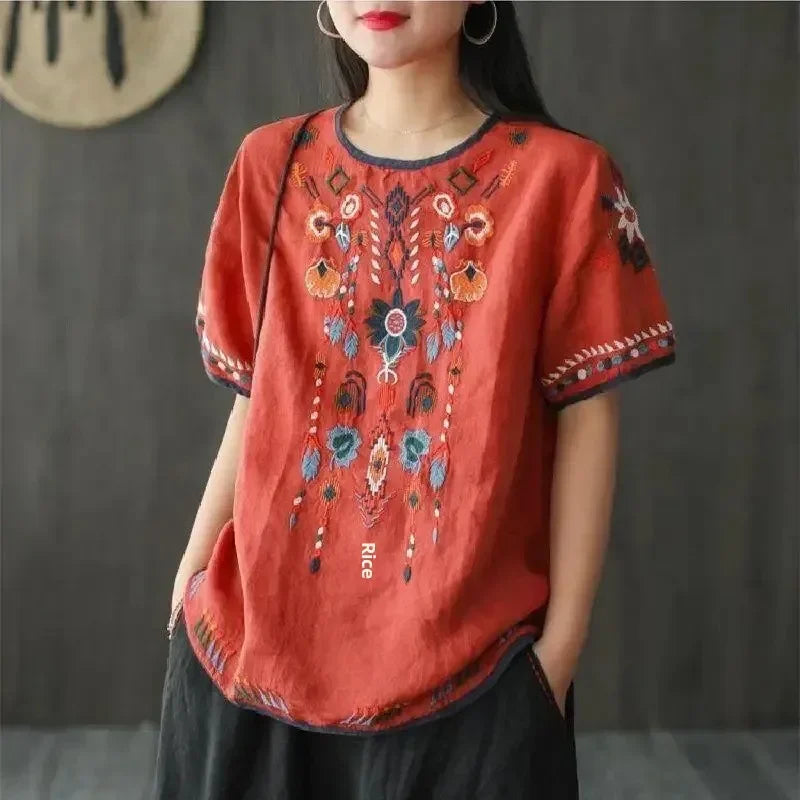 Haut bohème ethnique brodé en coton lin - t-shirt femme GoHappy