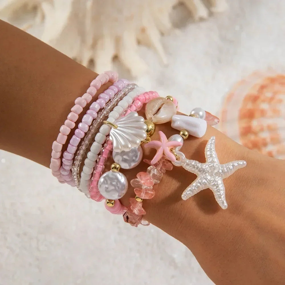 Set Bracelets Coquillage Perles Riz Étoile Mer Bohème Fait Main - Bracelets GoHappy