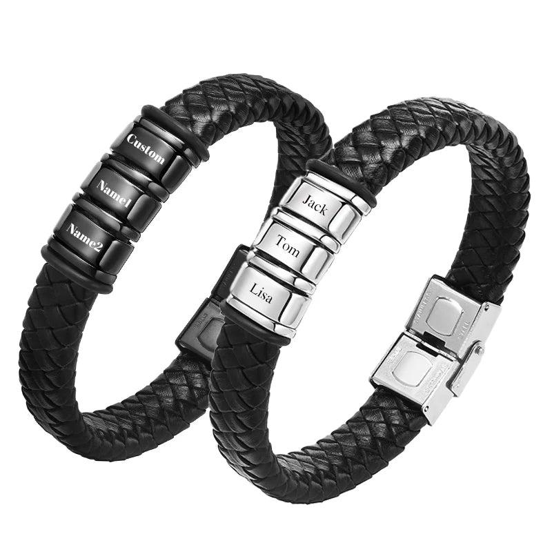 Bracelet Masculin Cuir Tressé - Fermoir Acier Gravé Prénoms