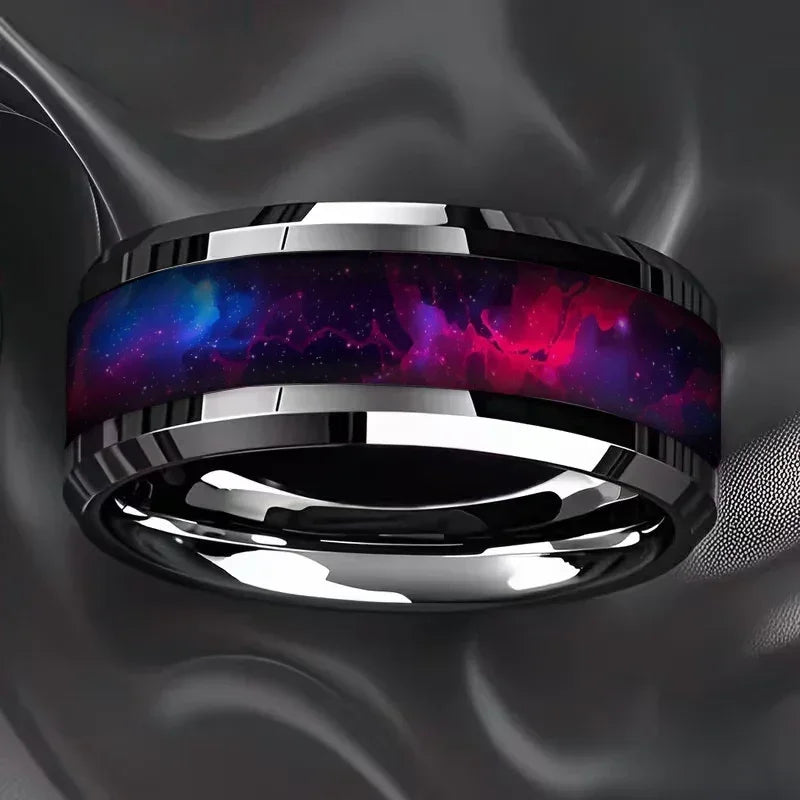 bague homme acier inoxydable motif galaxie violet bleu cadeau original GoHappy.fr