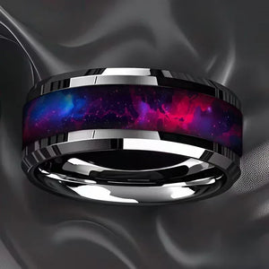 bague homme acier inoxydable motif galaxie violet bleu cadeau original GoHappy.fr