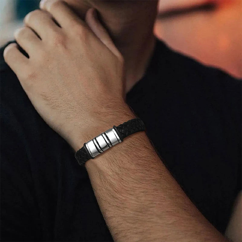 Bracelet Masculin Cuir Tressé - Fermoir Acier Gravé Prénoms